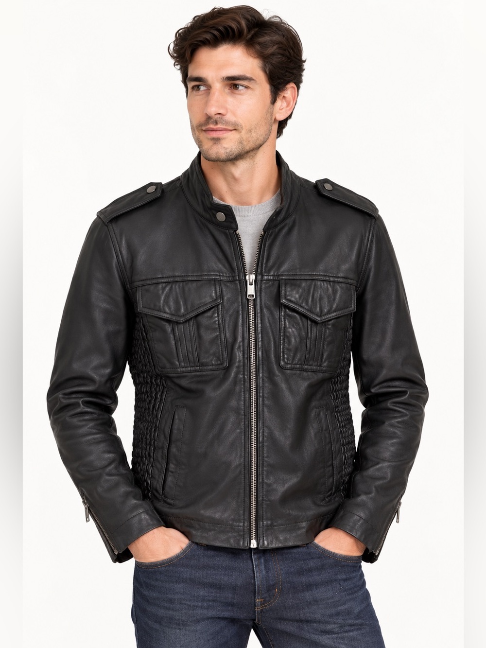 Zara Man Black Genuine Leather Military Moto Jacket Men’s M